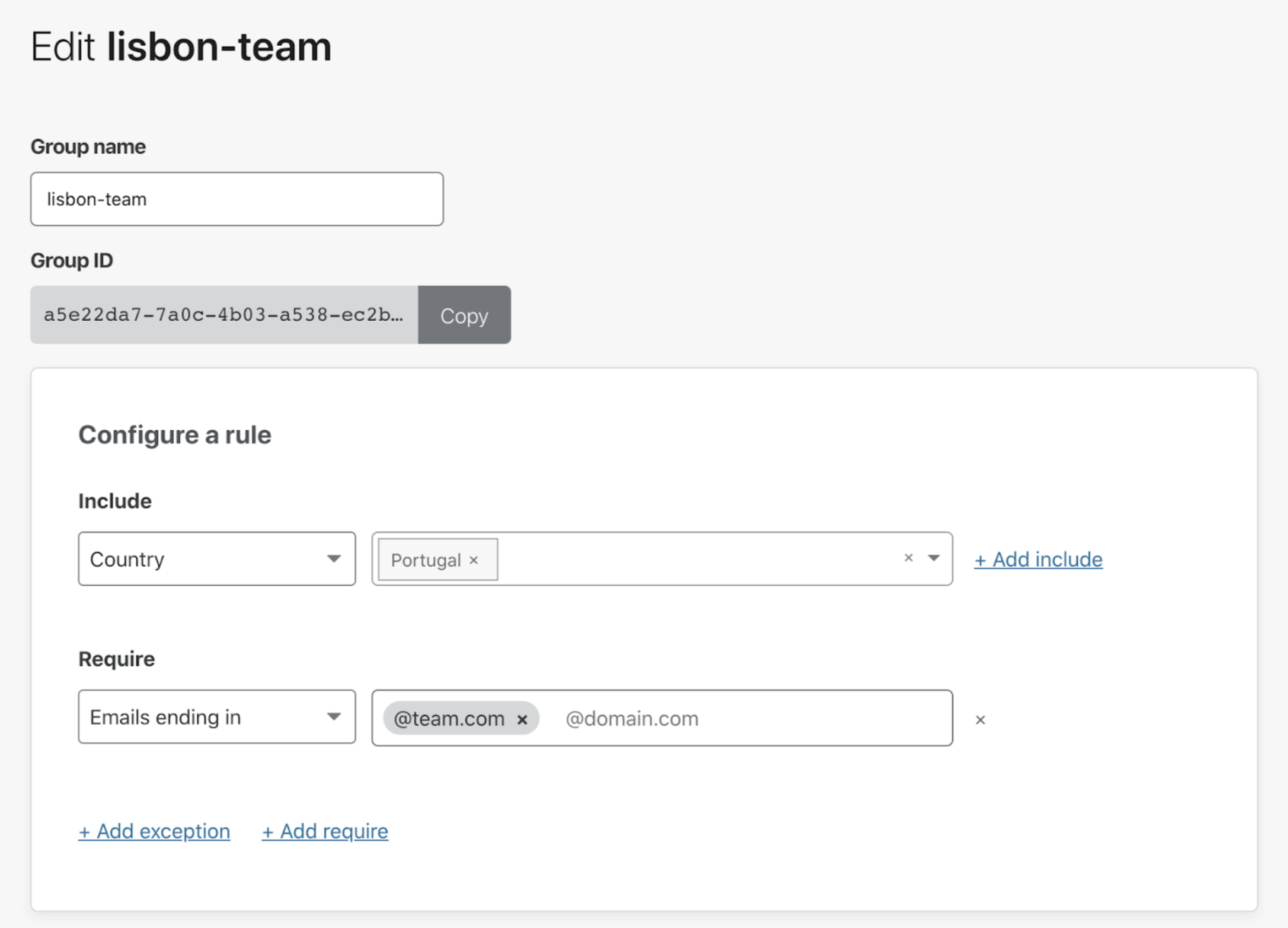 Rule configuration example for an Access Group that demonstrates the use of the Include and Require fields.