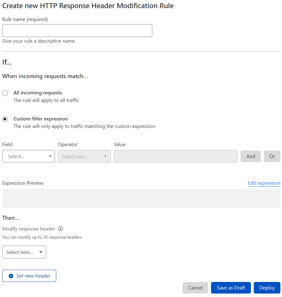 The HTTP response header modification rule creation page in the Cloudflare dashboard.