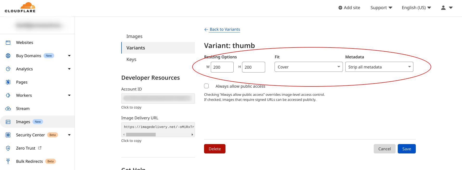 The settings for the &ldquo;thumb&rdquo; variant created in Cloudflare Images dash