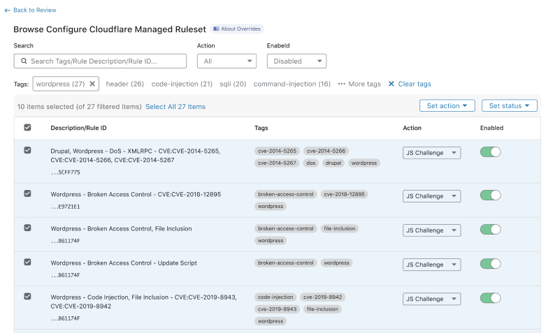 Selecting all rules in a page displays additional drop-down lists above the table to override the behavior of several rules at once.